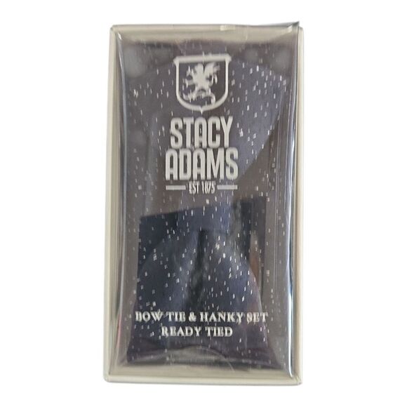 STACY ADAMS NAVY SILVER METALLIC  FASHION BOXED BOW TIE & POCKET SQUARE SET. - Picture 4 of 5
